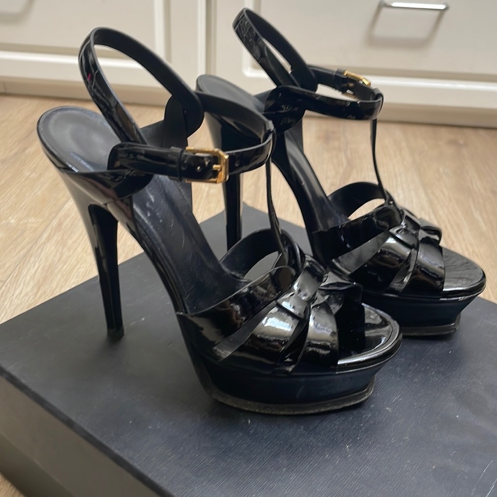 Saint Laurent Tribute platform sandals in black patent leather gold accent 6.5